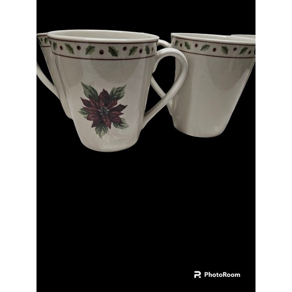 Set Of 6 Vintage Merry Brite 4” Porcelain CHRISTMAS POINSETTIA & HOLLY Mugs - Picture 4 of 7